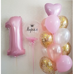 Композиция из розовых и прозрачных шаров с Bubbles и цифрой 1