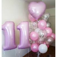 Фонтан из розово-серебряных шаров с сердцем и цифрой 11