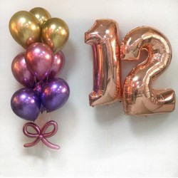 Фонтан из розовых, фиолетовых и золотых хром шаров с цифрой 12