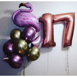 Фонтан из розово-золотых хром шаров с Фламинго и цифрой 17