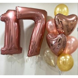 Фонтан из золотых и розовых шаров с цифрой 17