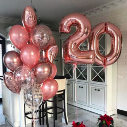 Фонтан из розовых и прозрачных шаров с конфетти с цифрой 20