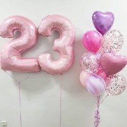 Фонтан из розово-сиреневых шаров агат с сердцами и цифрой 23