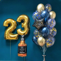 Фонтан из сине-золотых шаров хром с Виски и цифрой 23