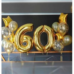 Композиция из шаров с конфетти и звездами с цифрой 60