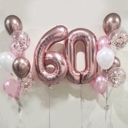 Композиция из воздушных шаров розовых и хром с цифрой 60