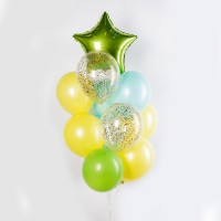 Фонтан из нежных желтых и зеленых шаров со звездой