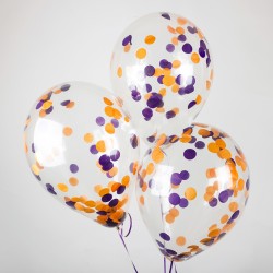 Облако прозрачных шаров с оранжево-фиолетовым конфетти
