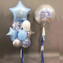 Фонтан из голубо-серебряных шаров с большим именным шаром