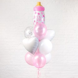 Композиция из розово-белых шаров с фигурой Бутылочкой розовой