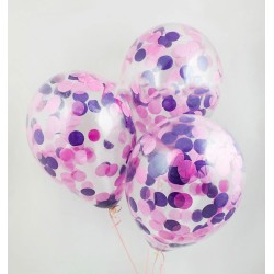 Облако прозрачных шаров с розово-фиолетовым конфетти