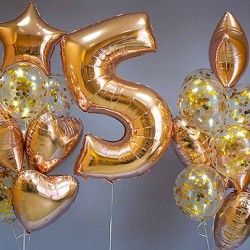 Композиция из воздушных золотых шаров с конфетти и цифрой 5