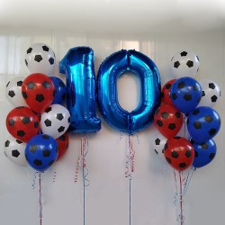 Композиция из сине-красных шаров с принтом и цифрой 10