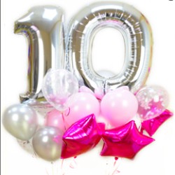 Композиция из розово-серебряных шаров со звездами и цифрой 10