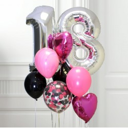 Композиция воздушные шары с цифрой 18 черно-розовые