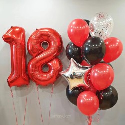 Фонтан из красно-черных шаров с цифрой 18