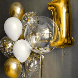 Композиция из воздушных золотых шаров с Bubbles и цифрой 1