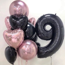 Фонтан из шаров розово-черный с цифрой 9