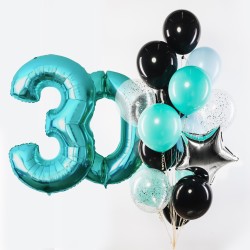 Фонтан из черных, голубых и бирюзовых шаров с цифрой 30