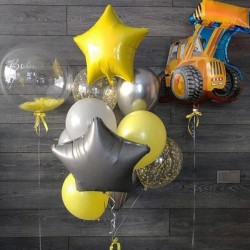Композиция из желто-серых шаров с Экскаватором и шаром Bubbles