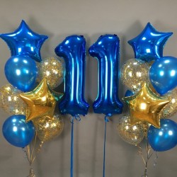 Композиция из синих и прозрачных шаров с конфетти с цифрой 11