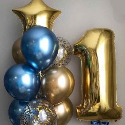 Фонтан из синих и золотых хром шаров с цифрой 1