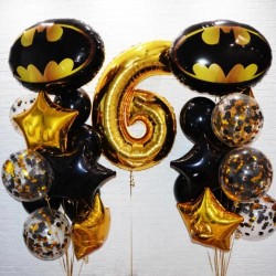 Композиция из черных шаров с 2 эмблемами Бэтмена с цифрой 6