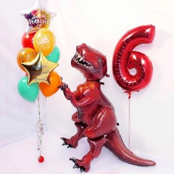 Композиция из шаров с ходячей фигурой Динозавр и цифрой 6
