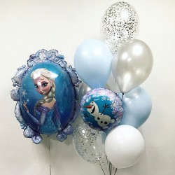 Фонтан из бело-голубых шаров и фольгированный шар с Олафом