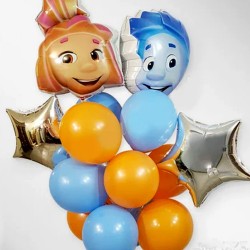 Композиция из оранжево-голубых шаров со звездами и Фиксиками