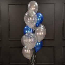 Фонтан из сине-серебряных и прозрачных шаров с конфетти
