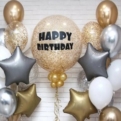 Шары Happy Birthday с Баблс шаром и звездами