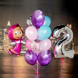 Фольгированная фигура Маша с цифрой и фонтаном шаров