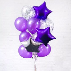 Звезды фольгированные фиолетовые и шары с конфетти