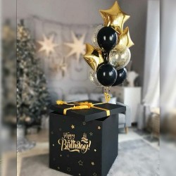 Золотые и черные шары в коробке "Happy Birthday"