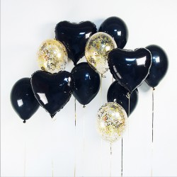 Фольгированные черные сердца и шары с конфетти