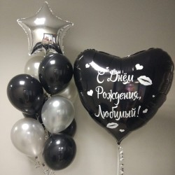 Фольгированное сердце черное с фонтаном из шаров