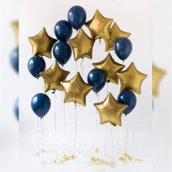 Композиция из сатиновых золотых звезд с синими шарами
