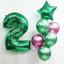 Фонтан из зелено-розовых шаров хром с цифрой 2