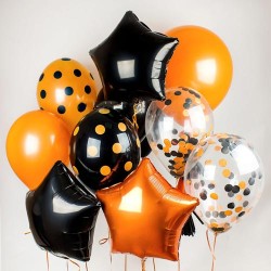 Композиция из оранжевых и чёрных шаров и шаров с конфетти
