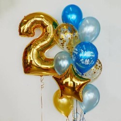 Фонтан на день рождения из золотых и голубых шаров с цифрой 2