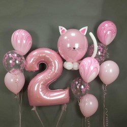 Композиция из розовых шаров с котиком и цифрой 2