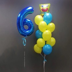 Фонтан из желтых и голубых шаров с Губкой Бобом и цифрой 6