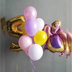 Композиция из воздушных шаров пастельных Рапунцель и цифрой 5