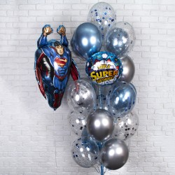 Фонтан из сине-серебряных хром шаров с фигурой Супермена