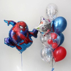 Фонтан из синих, красных и прозрачных шаров с Человеком Пауком