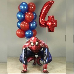 Композиция из сине-красных шаров с цифрой 4 и Человеком Пауком