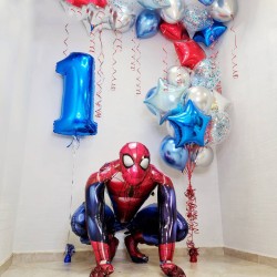 Композиция воздушные шары с Человеком Пауком и цифрой 1 хром