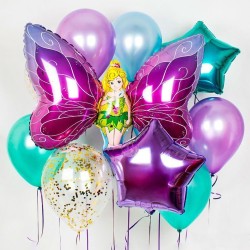 Композиция из бирюзово-фиолетовых шаров со звездами и Феей