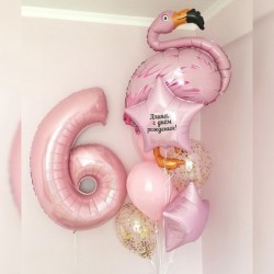 Фонтан из розовых шаров с Фламинго, звездами и цифрой 6